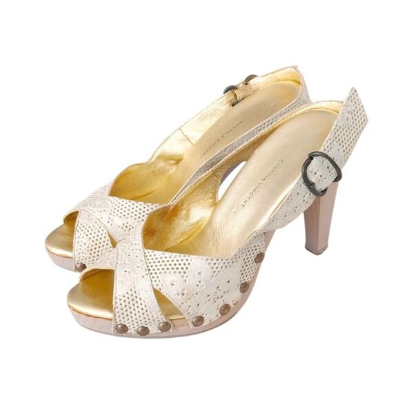 CYNTHIA VINCENT Studded Lace-Leather Sling-backs in Lavender & Gold Size 9 - Picture 1 of 9